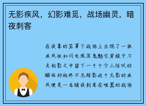 无影疾风，幻影难觅，战场幽灵，暗夜刺客