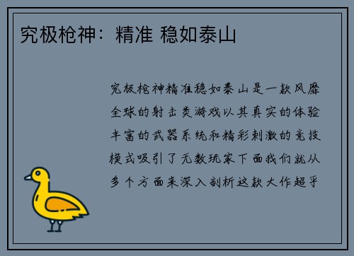 究极枪神：精准 稳如泰山